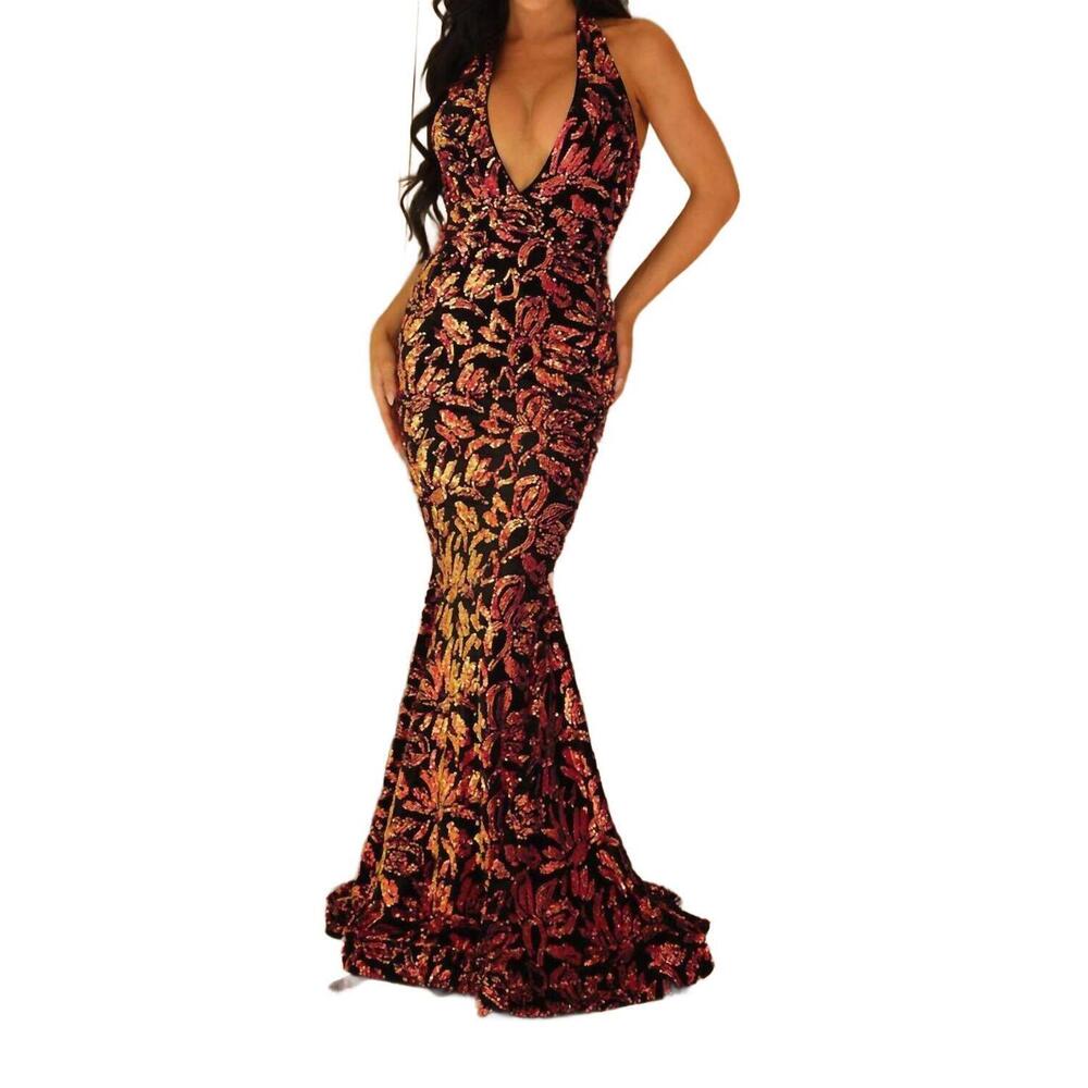 NEW JESSICA ANGEL plunging halter floral sequin prom gown in burnt orange
